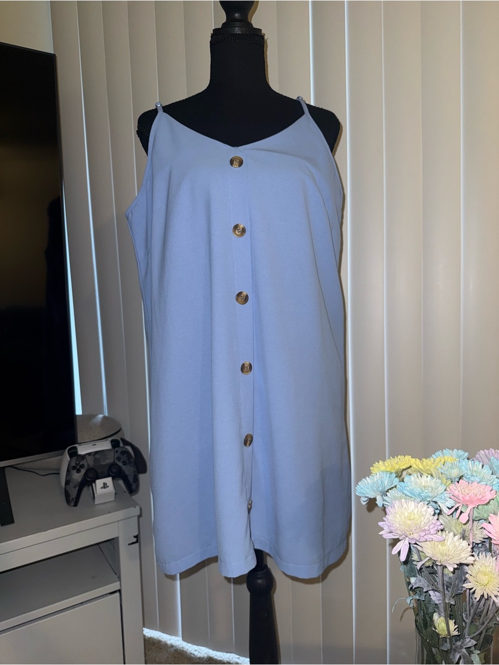 Light Blue Button-Front Mini Dress - Sleeveless Spaghetti Strap